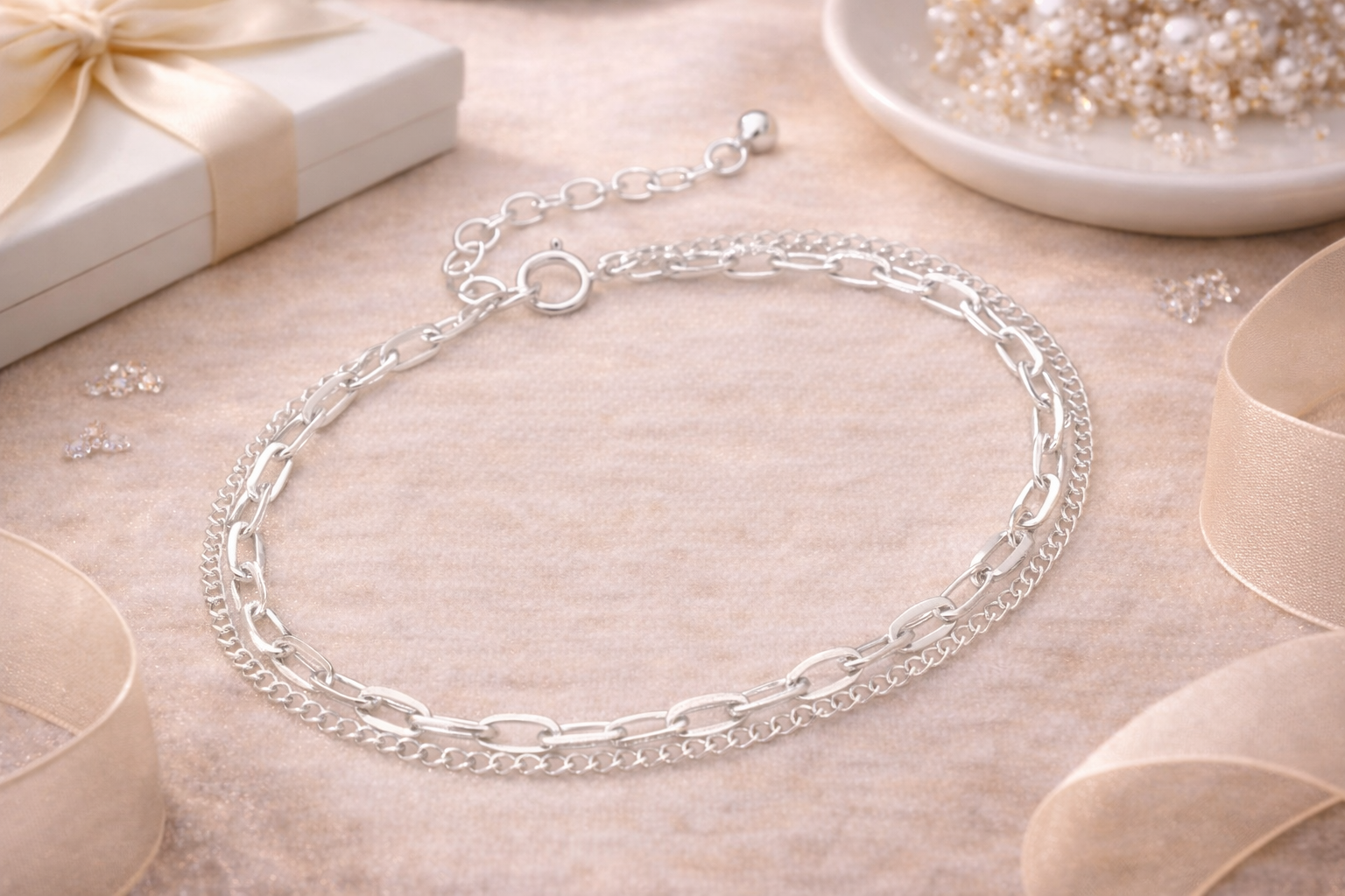 925 Sterling Silver "Layered Luxe Chain Bracelet" – Double Strand Adjustable Bracelet