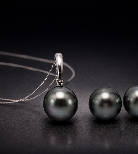 14K White Gold Peacock Tahitian Pearl Necklace & Stud Earring Set | 10–11mm | French Polynesia