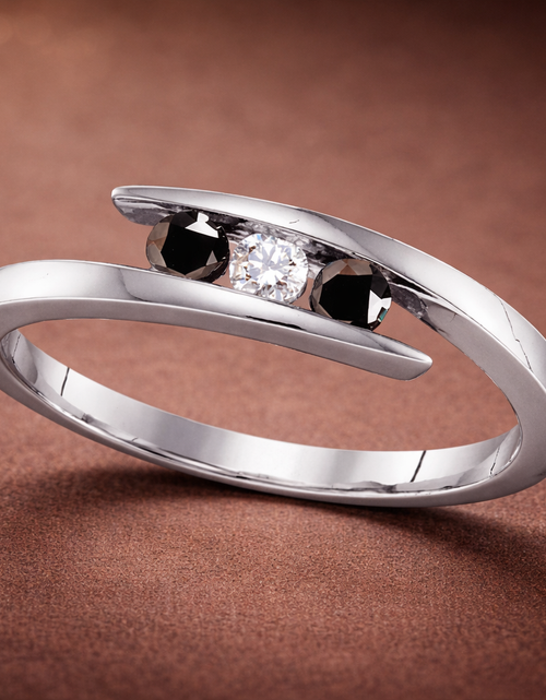 Load image into Gallery viewer, Midnight Contrast Diamond Ring-Sterling Silver Black &amp; White Diamond Three-Stone Ring – 1/4 CTW
