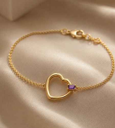 14K Yellow Gold Amethyst Baguette Heart Bracelet – 7 Inches