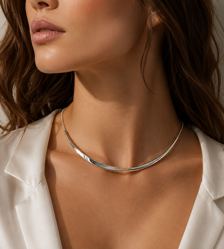Sterling Silver Rhodium Plated Sculpted Collar Necklace