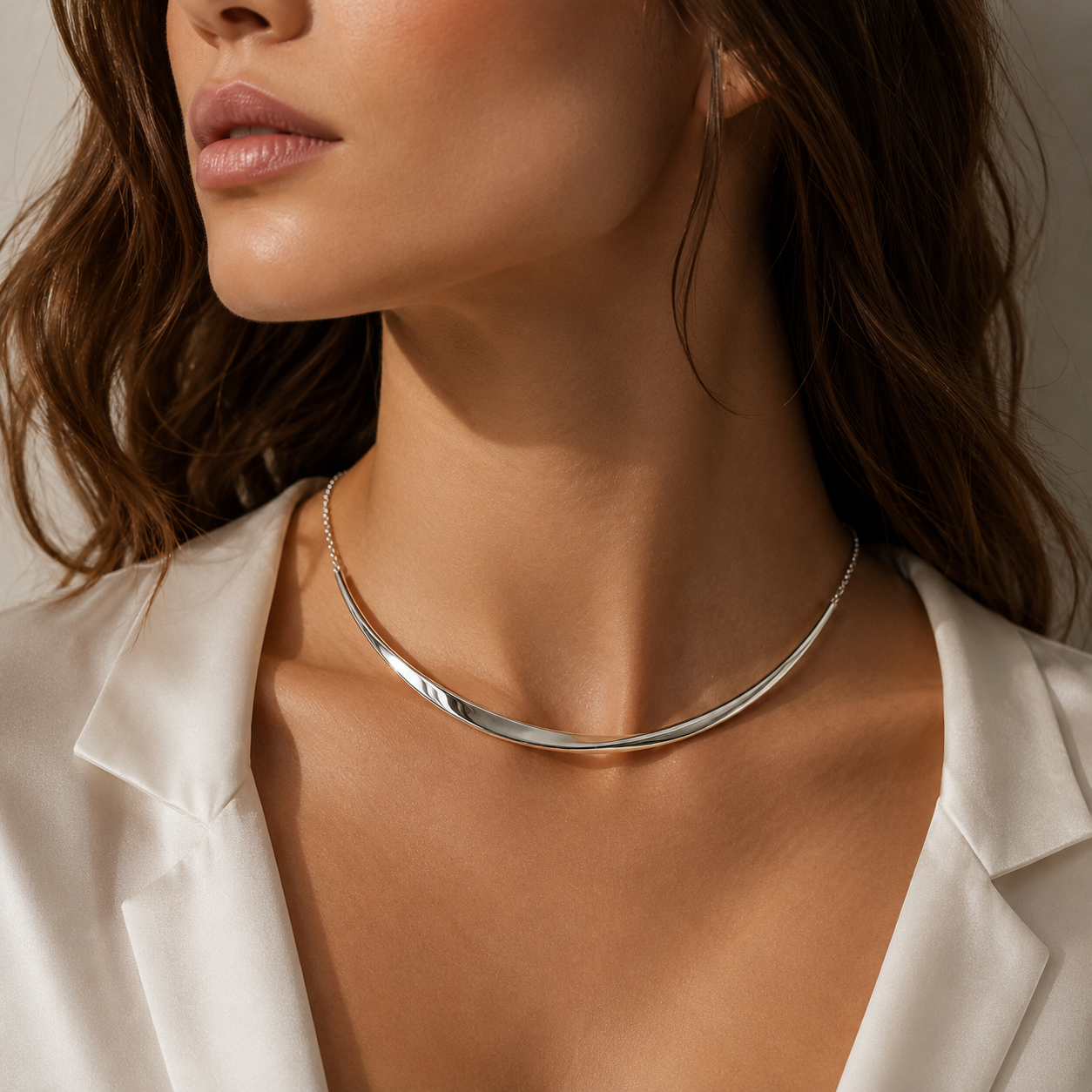Sterling Silver Rhodium Plated Sculpted Collar Necklace