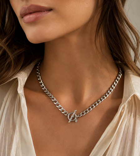 Sterling Silver Polished Wide Link Toggle Necklace – 18 Inches