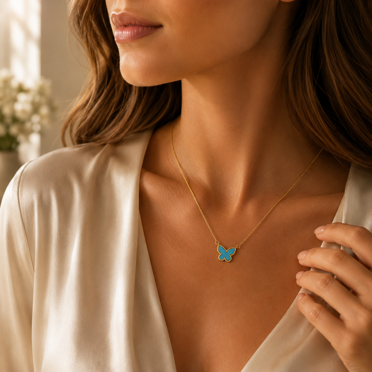 14K Yellow Gold Turquoise Butterfly Necklace 18 in Reversible Pendant