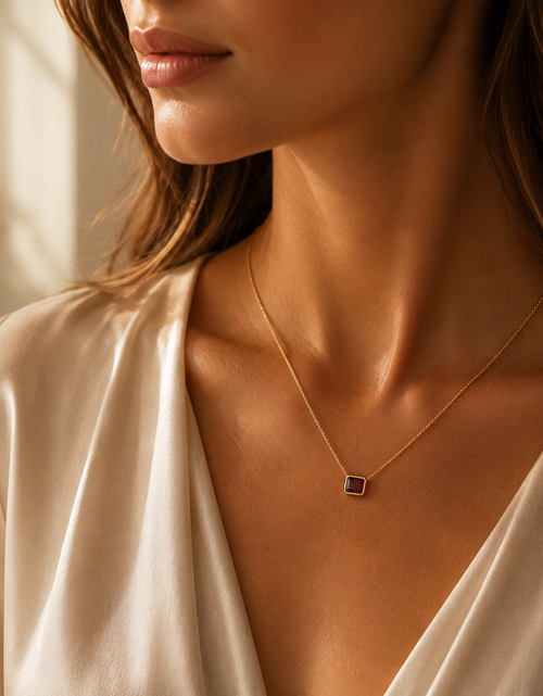 Load image into Gallery viewer, 14K Yellow Gold Emerald Cut Garnet Necklace 18 in Minimalist Gemstone Necklace
