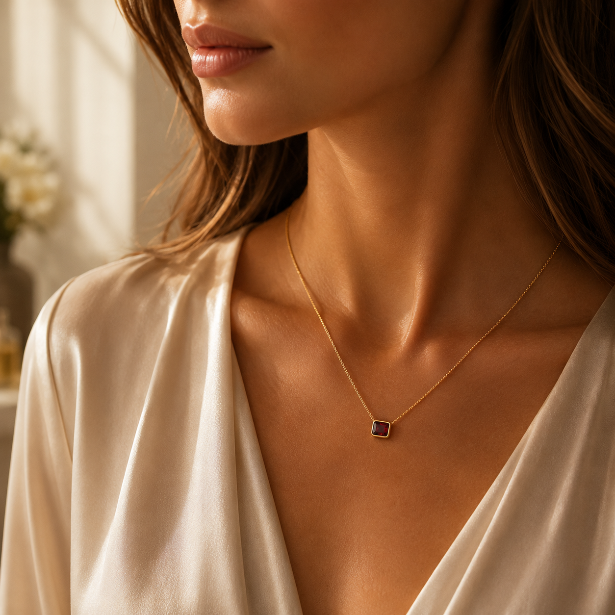 14K Yellow Gold Emerald Cut Garnet Necklace 18 in Minimalist Gemstone Necklace