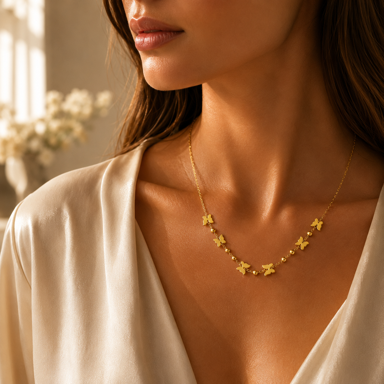 14K Yellow Gold Polished Butterfly and Bead Necklace 18 in