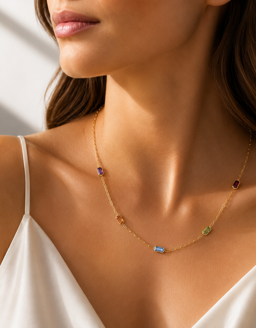 Load image into Gallery viewer, 14K Yellow Gold Multi-Gemstone Baguette Paperclip Necklace 17 Inch
