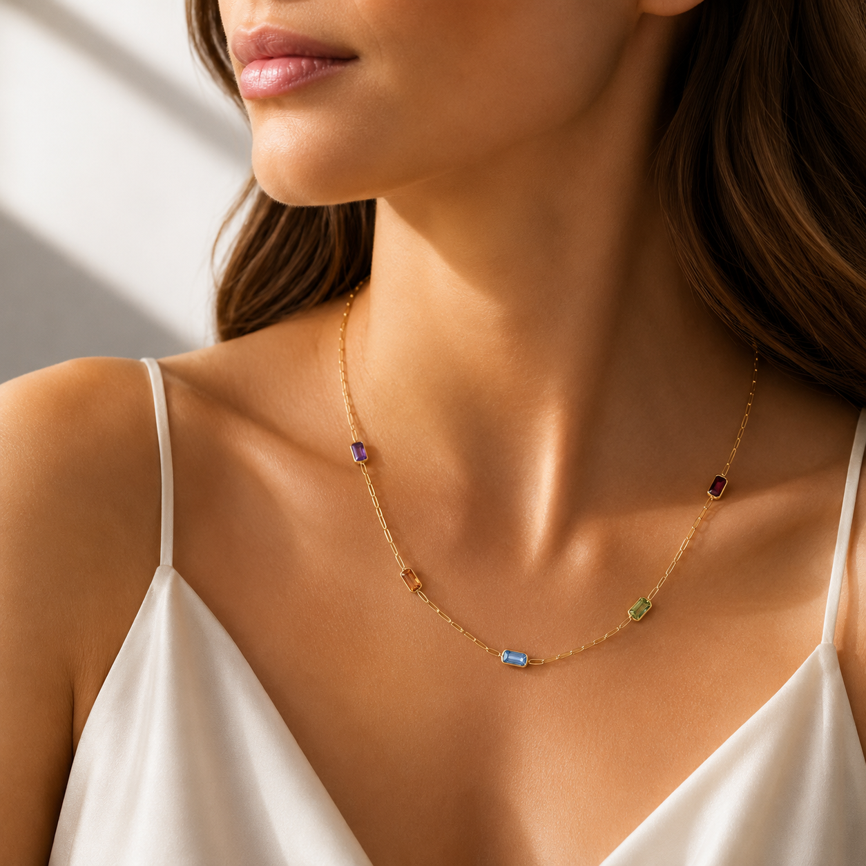 14K Yellow Gold Multi-Gemstone Baguette Paperclip Necklace 17 Inch