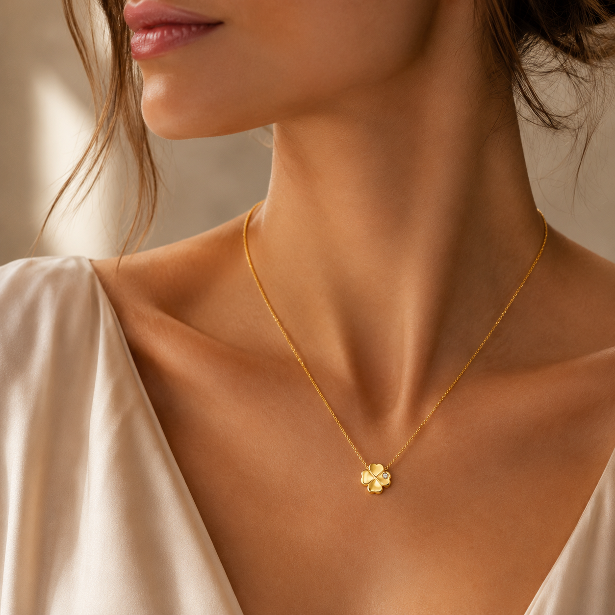 14K Yellow Gold Diamond Four-Leaf Clover Necklace 18 Inch