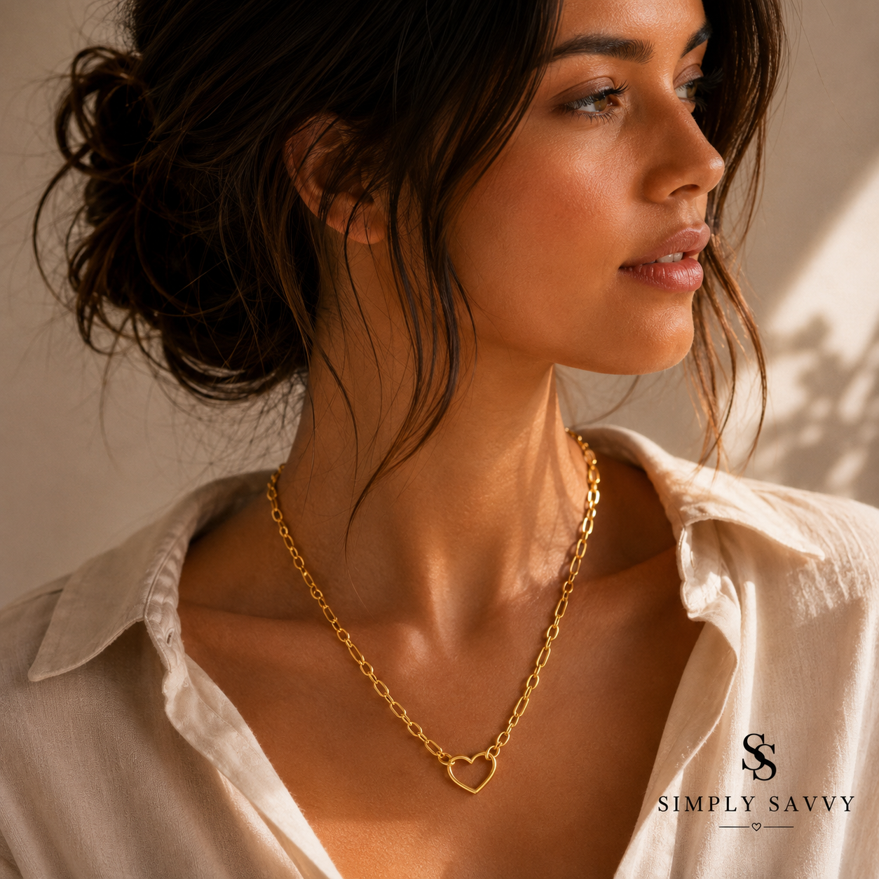 14K Yellow Gold Figaro Chain Open Heart Necklace 18 Inch