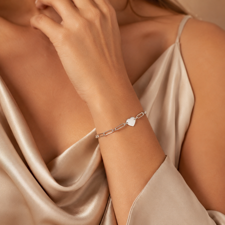 Sterling Silver Rhodium-Plated Engravable Heart Paperclip Bracelet