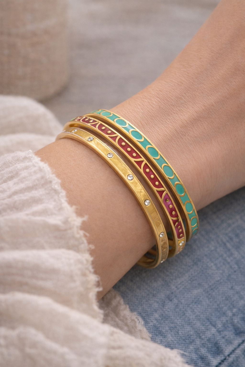 Pre-Owned SILPADA K & R "Carnivale" Brass Crystal Enamel Bangle Set (3) - Retired Design