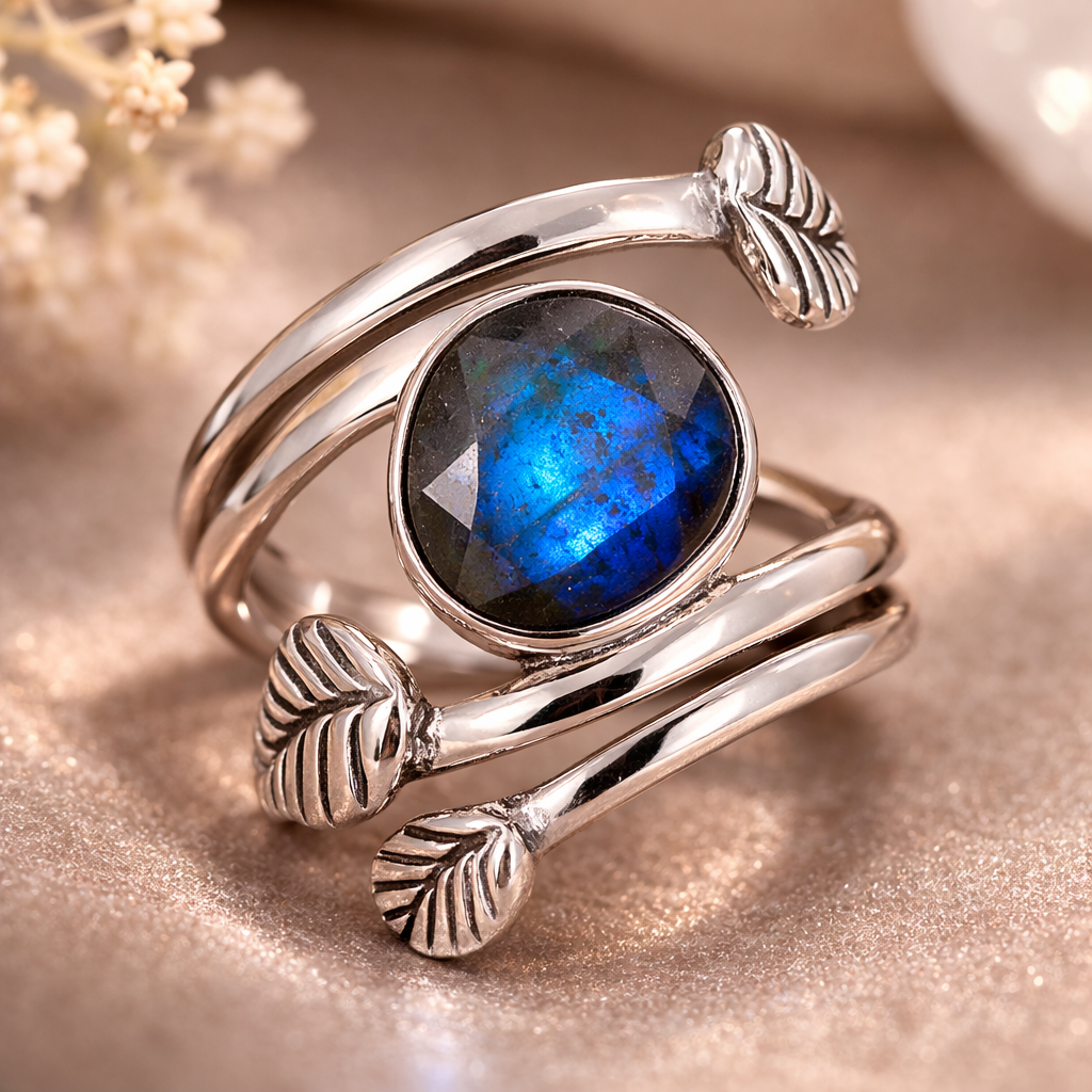 Natural Blue Labradorite Ring 925 Sterling Silver Wrap Ring Size 7