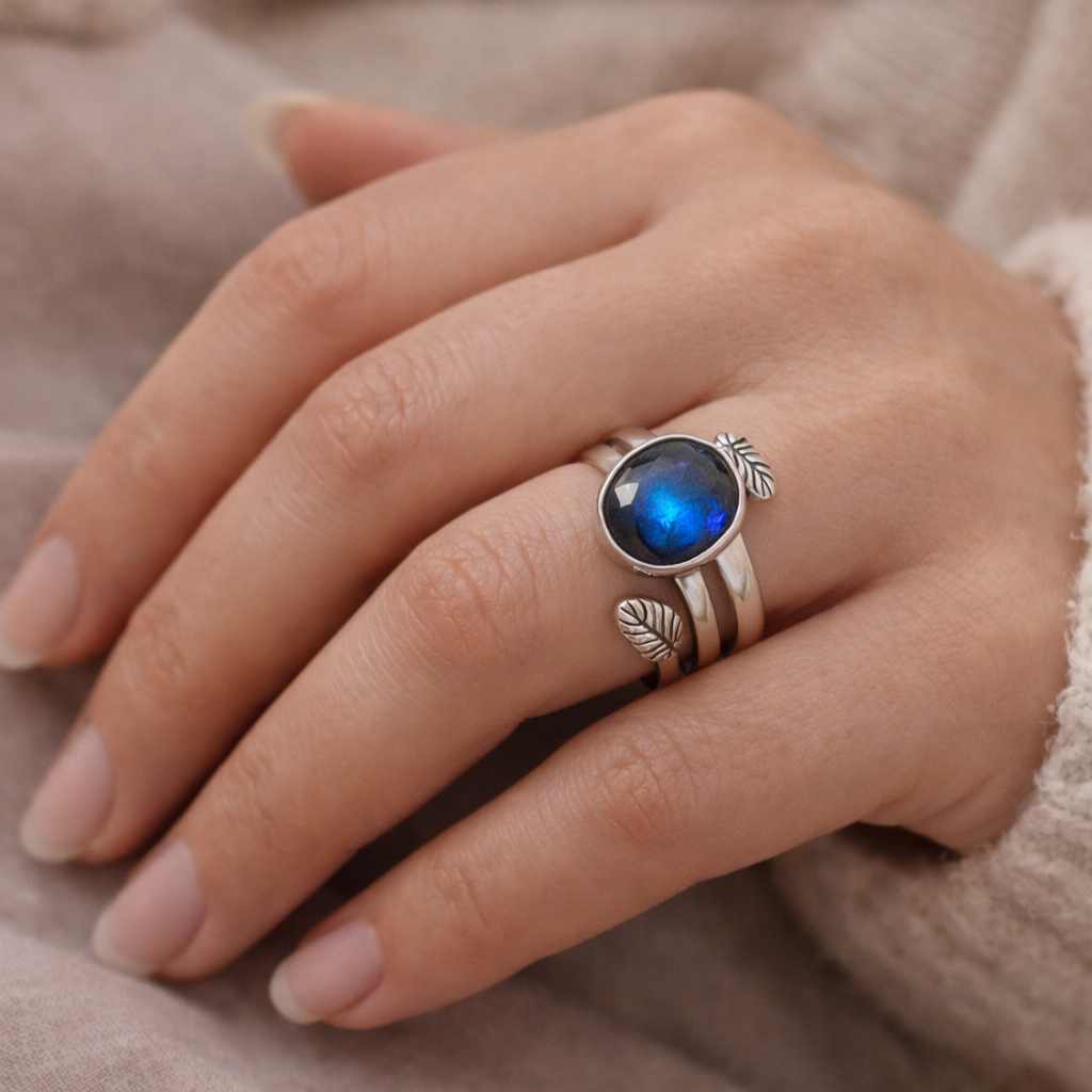 Natural Blue Labradorite Ring 925 Sterling Silver Wrap Ring Size 7