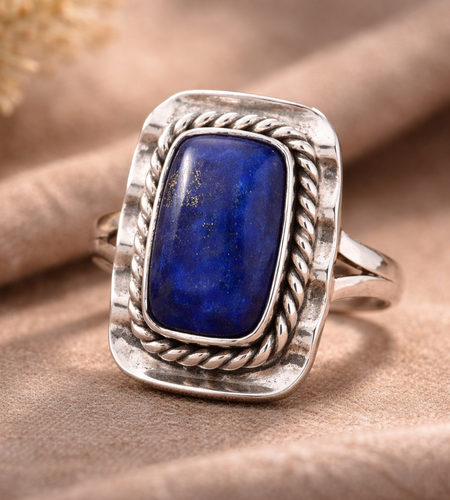 Natural Lapis Lazuli Ring 925 Sterling Silver Statement Ring Size 7 Vintage Style