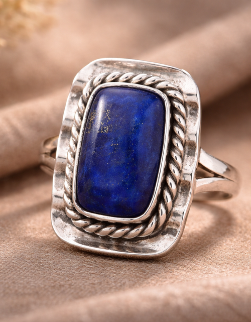Load image into Gallery viewer, Natural Lapis Lazuli Ring 925 Sterling Silver Statement Ring Size 7 Vintage Style

