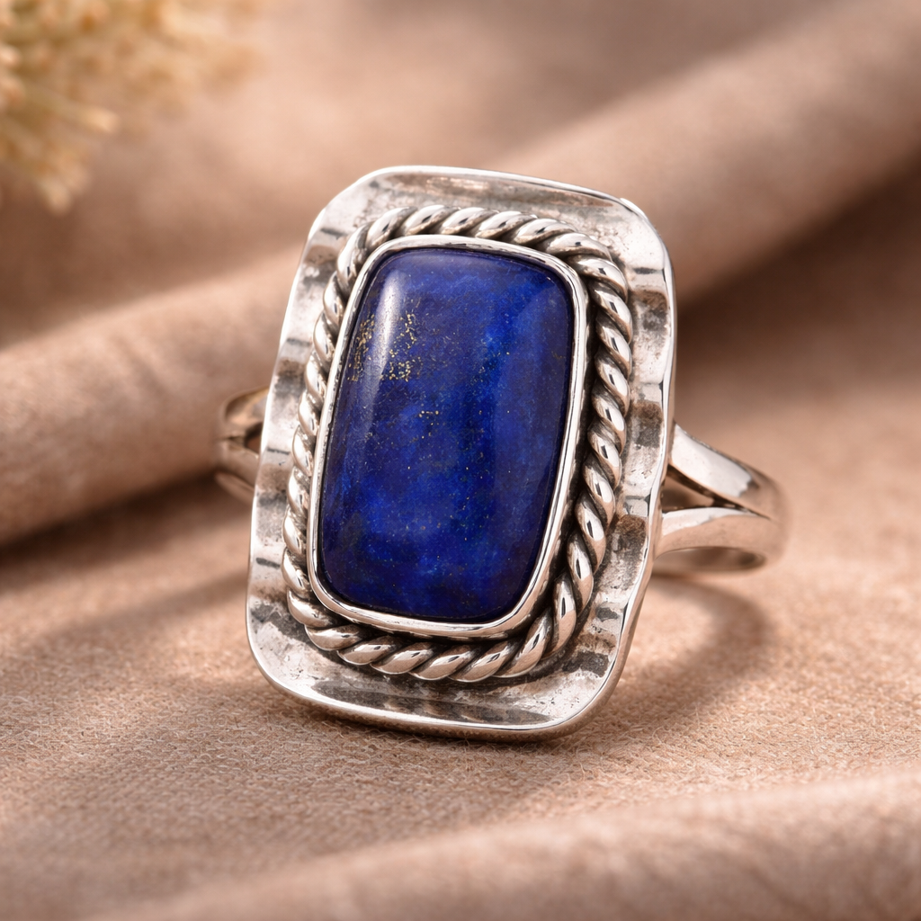 Natural Lapis Lazuli Ring 925 Sterling Silver Statement Ring Size 7 Vintage Style
