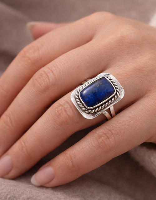 Load image into Gallery viewer, Natural Lapis Lazuli Ring 925 Sterling Silver Statement Ring Size 7 Vintage Style
