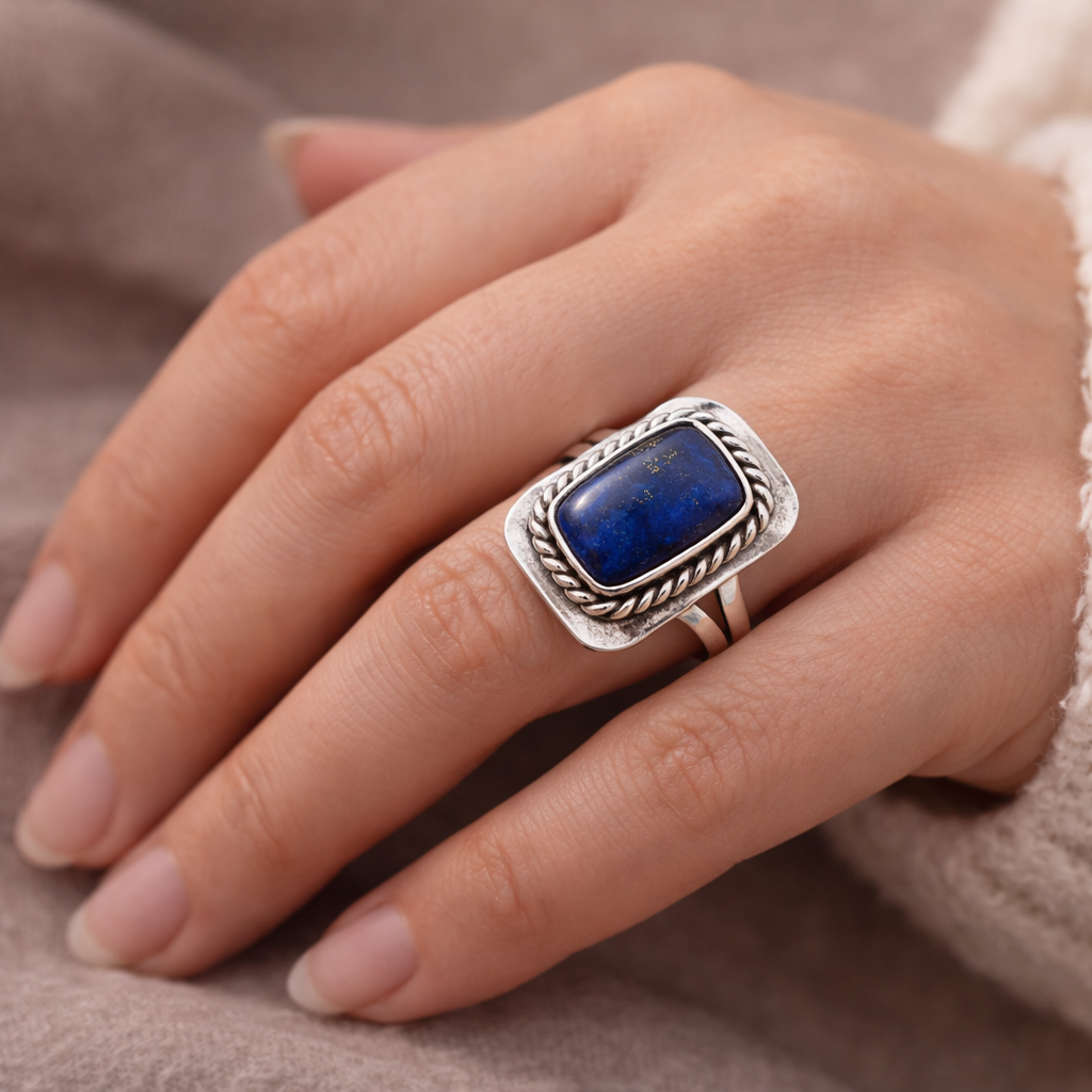 Natural Lapis Lazuli Ring 925 Sterling Silver Statement Ring Size 7 Vintage Style