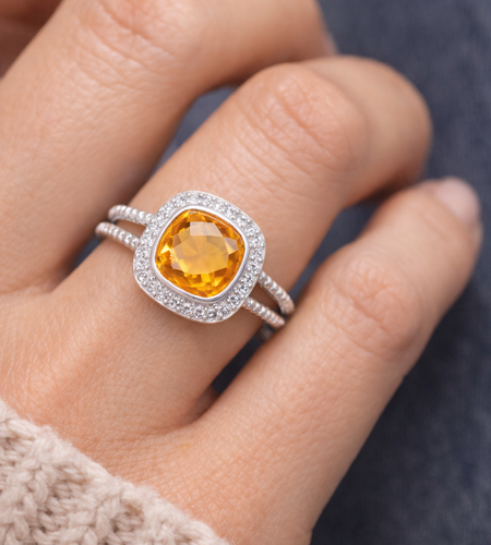 Natural Citrine Cushion Halo Ring 925 Sterling Silver 10mm Size 6 November Birthstone