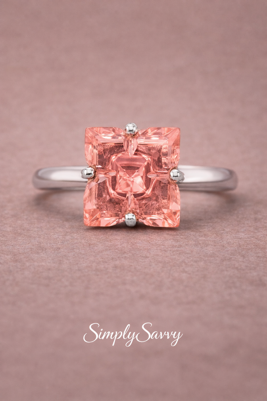 Peach Morganite Ring 925 Sterling Silver Square 10mm Size 7 Statement Ring