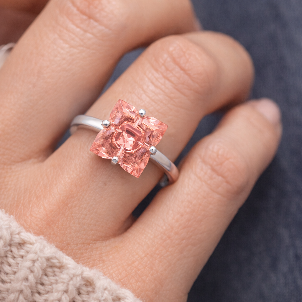 Peach Morganite Ring 925 Sterling Silver Square 10mm Size 7 Statement Ring
