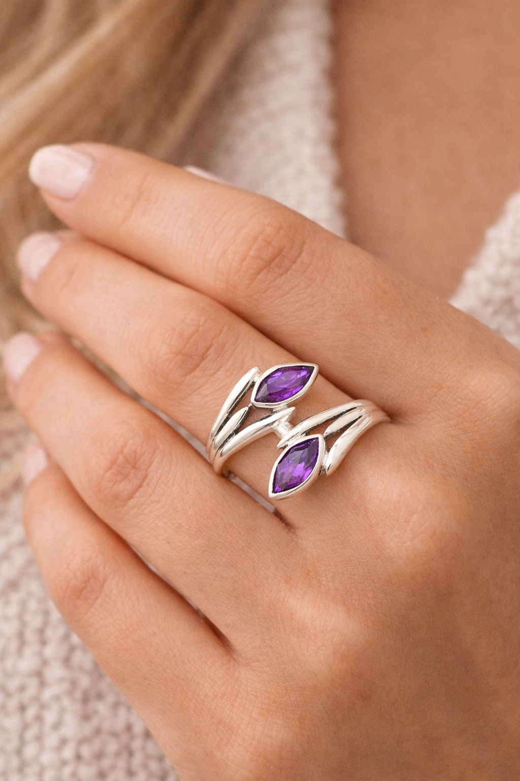 Sterling Silver Amethyst Bypass Ring Size 7 – Marquise Gemstone Wrap Ring