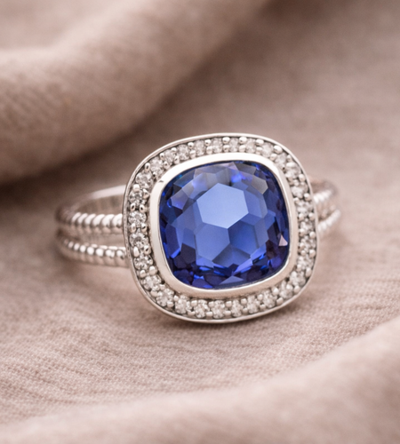 Sterling Silver Cushion Cut Simulated Tanzanite Ring CZ Halo Size 6 Statement Ring