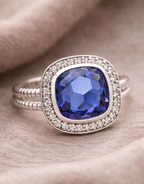 Load image into Gallery viewer, Sterling Silver Cushion Cut Simulated Tanzanite Ring CZ Halo Size 6 Statement Ring
