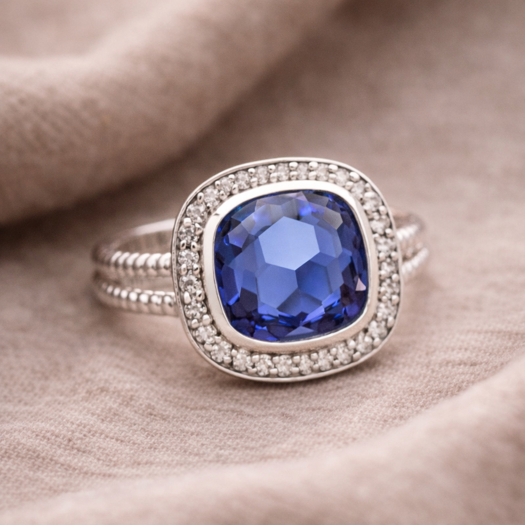 Sterling Silver Cushion Cut Simulated Tanzanite Ring CZ Halo Size 6 Statement Ring