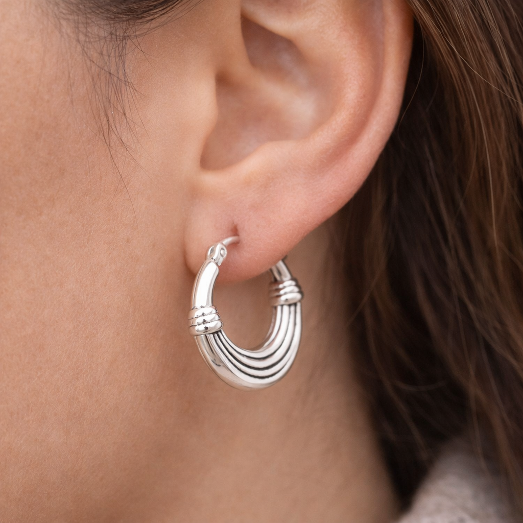 925 Sterling Silver Textured Ribbed Hoop Earrings 6/7 Inch Classic Small Hoops