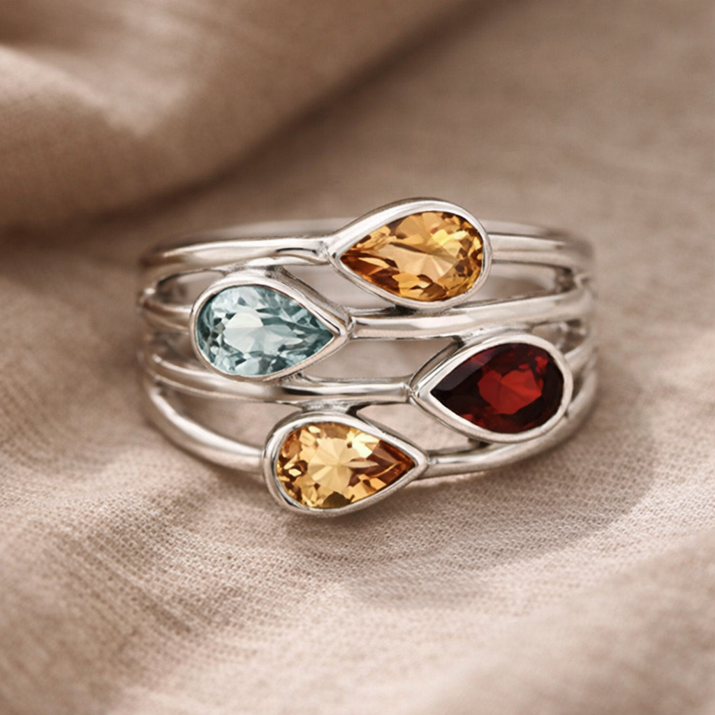 Sterling Silver Multi Gemstone Pear Shape Ring Size 6 Blue Citrine Garnet Statement
