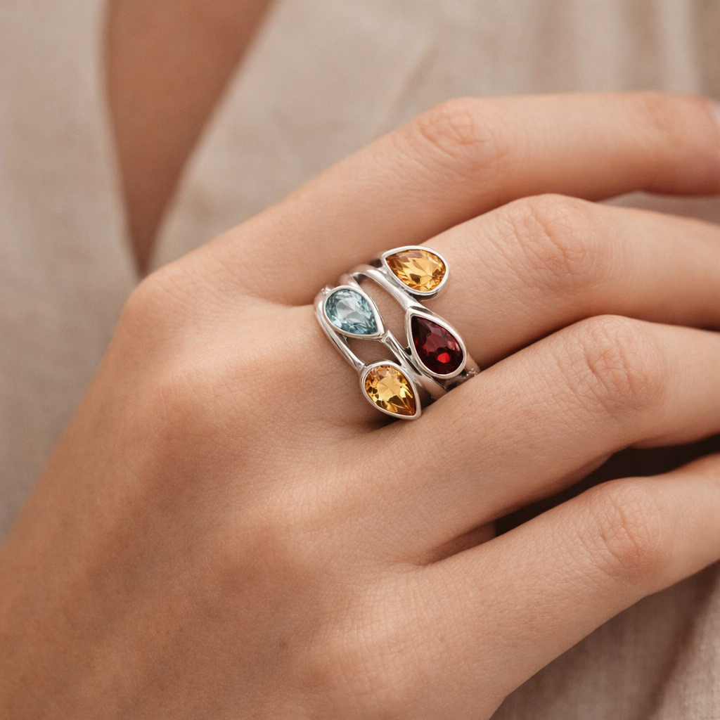 Sterling Silver Multi Gemstone Pear Shape Ring Size 6 Blue Citrine Garnet Statement