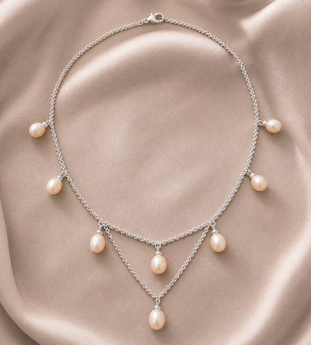 Blush Cascade Pearl Festoon Necklace -Honora Sterling Silver Pink Freshwater Pearl