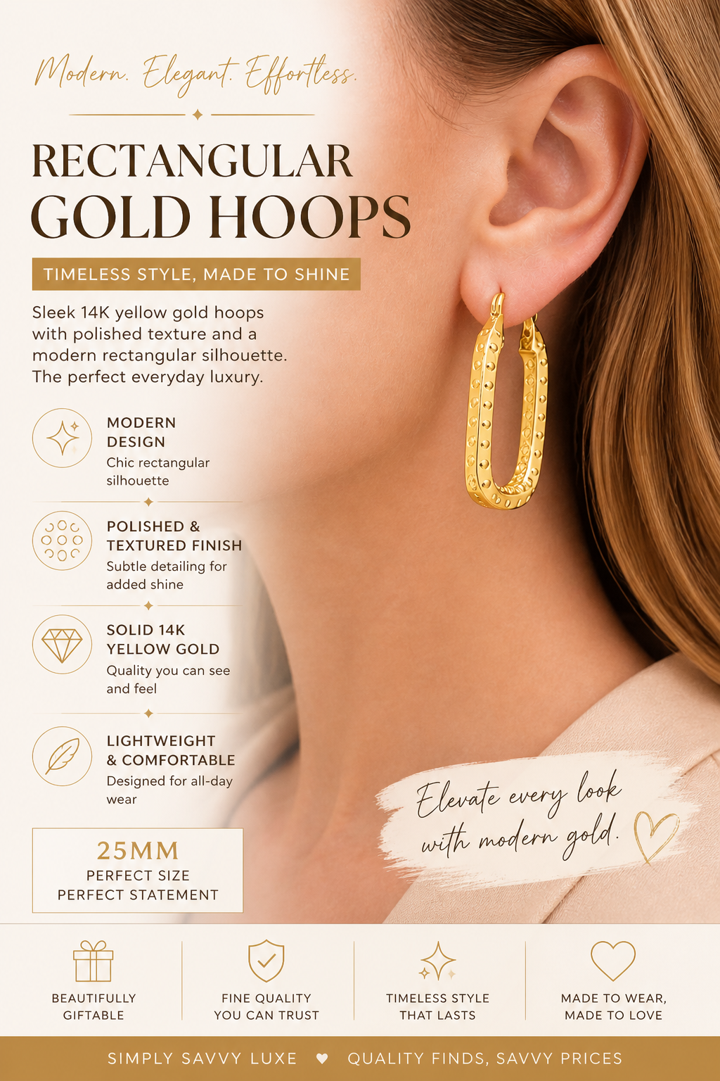 Aurora Edge Rectangular Gold Hoops-14K Yellow Gold Polished (25mm)
