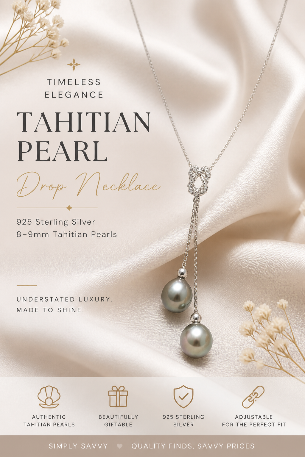925 Sterling Silver Tahitian Pearl Drop Necklace – 8x9mm