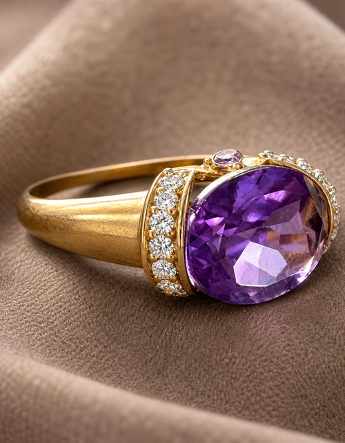 Load image into Gallery viewer, Royal Bloom Amethyst Ring Oval Amethyst &amp; Diamond Accent Ring in 10K Yellow Gold
