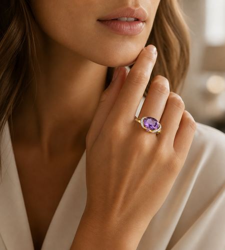 Royal Bloom Amethyst Ring Oval Amethyst & Diamond Accent Ring in 10K Yellow Gold