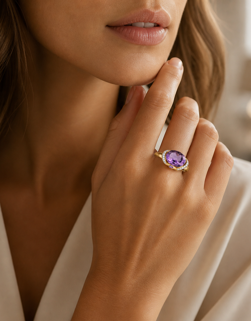 Load image into Gallery viewer, Royal Bloom Amethyst Ring Oval Amethyst &amp; Diamond Accent Ring in 10K Yellow Gold
