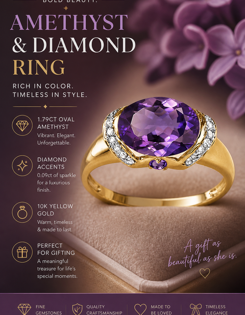 Load image into Gallery viewer, Royal Bloom Amethyst Ring Oval Amethyst &amp; Diamond Accent Ring in 10K Yellow Gold
