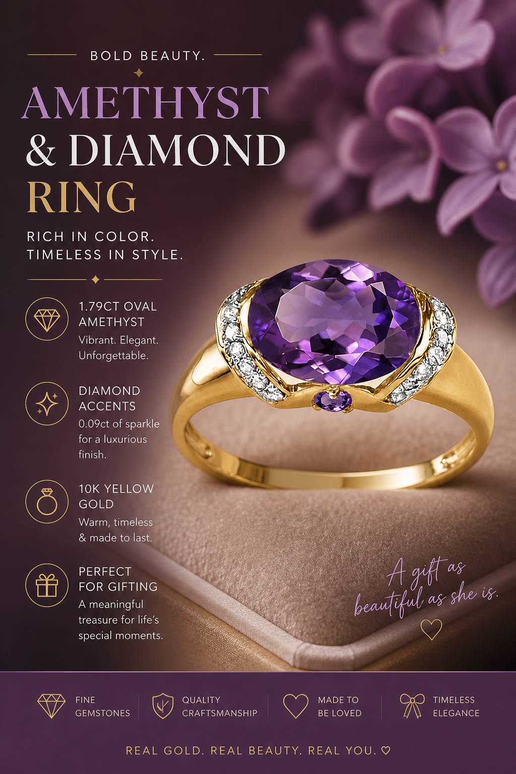 Royal Bloom Amethyst Ring Oval Amethyst & Diamond Accent Ring in 10K Yellow Gold