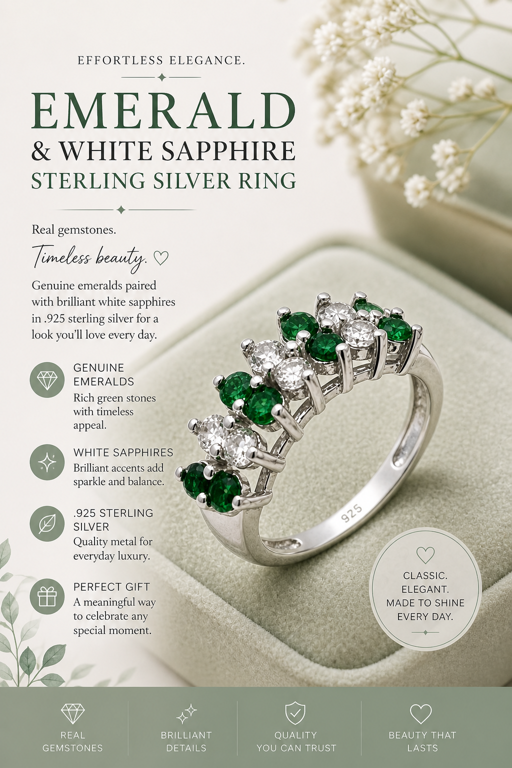 Verdant Luxe Emerald Band -Genuine Emerald & White Sapphire Sterling Silver Band Ring