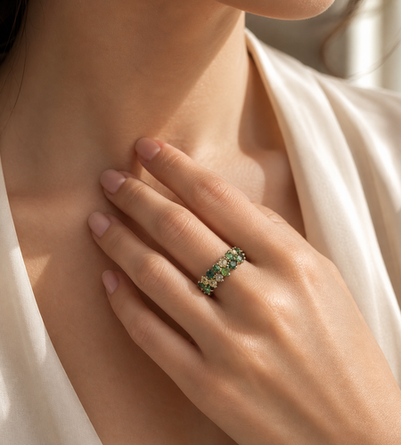 Verdant Luxe Emerald Band -Genuine Emerald & White Sapphire Sterling Silver Band Ring
