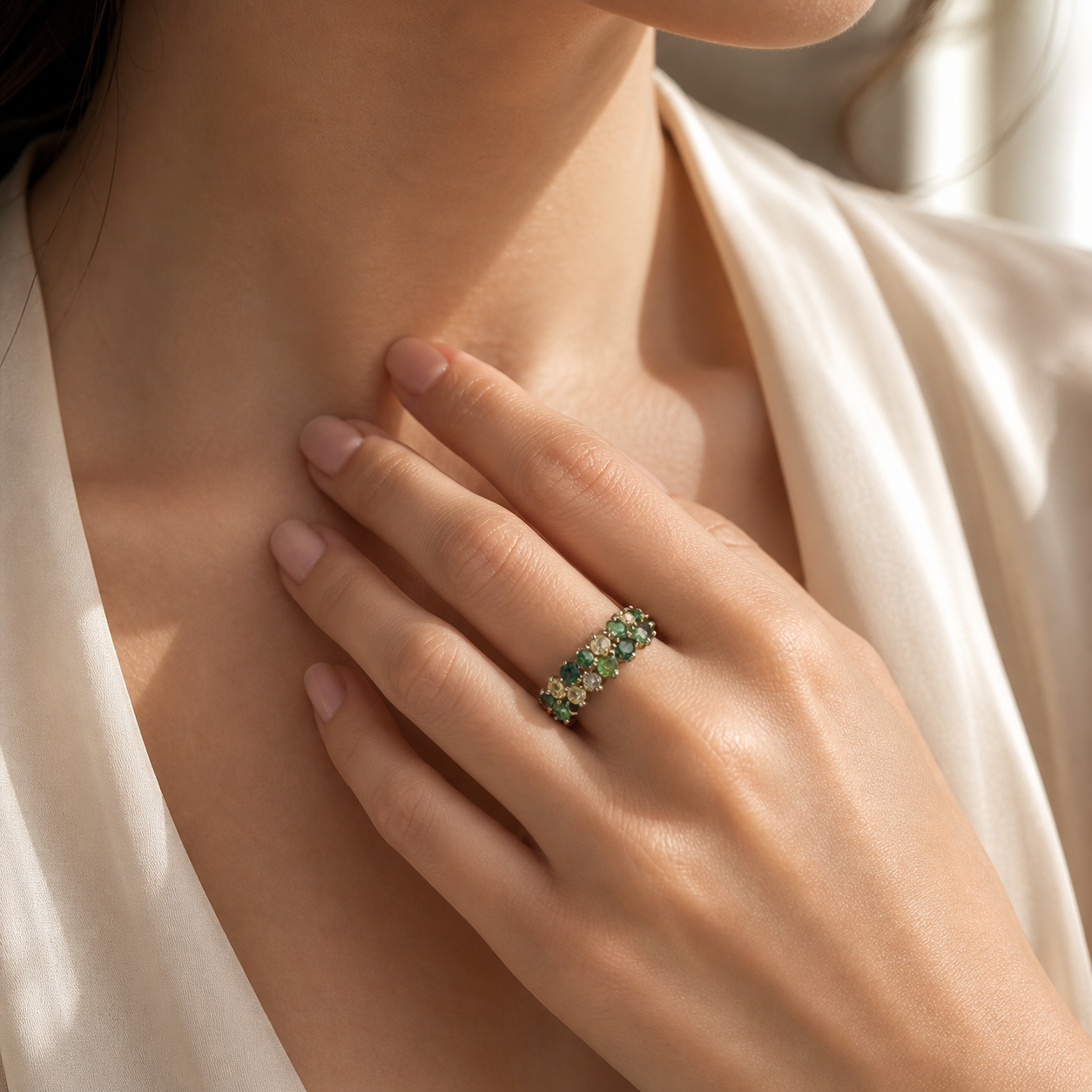 Verdant Luxe Emerald Band -Genuine Emerald & White Sapphire Sterling Silver Band Ring