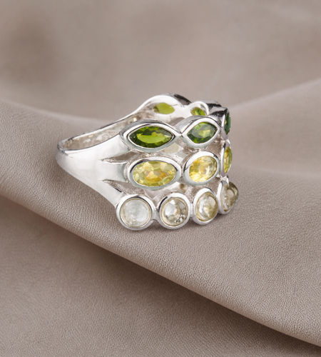 Verdant Harmony Ombré Gemstone Ring - Pangea Mines Three-Row Ombré Peridot, Chrome Diopside & Prasiolite