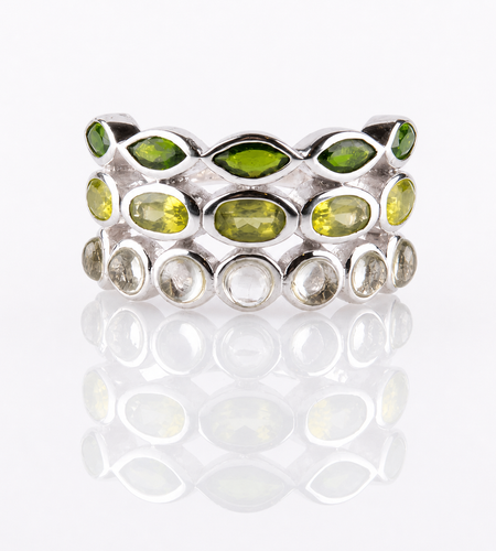 Verdant Harmony Ombré Gemstone Ring - Pangea Mines Three-Row Ombré Peridot, Chrome Diopside & Prasiolite