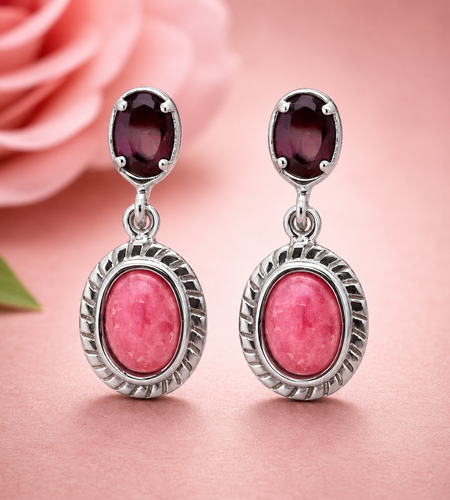 Simply Savvy “Crimson Bloom” Rhodonite & Garnet Drop Earrings – Sterling Silver