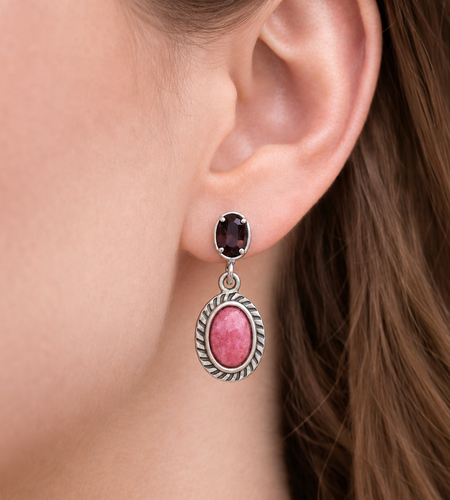 Simply Savvy “Crimson Bloom” Rhodonite & Garnet Drop Earrings – Sterling Silver