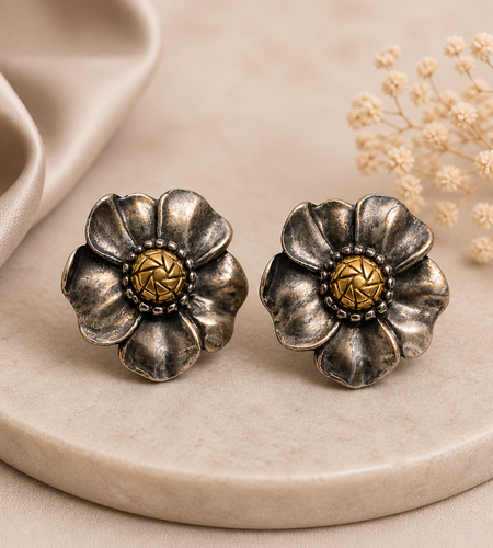 Simply Savvy “Golden Noir Bloom” Ann King Sterling Silver & 18K Gold Flower Earrings